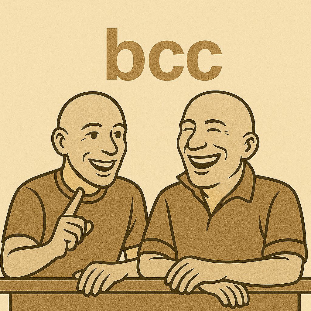 Bravo Charlie Club artwork — illustration of Ben and Richard at a desk